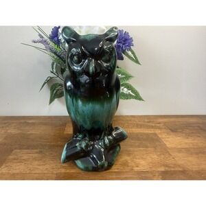 Vintage Blue Mountain Pottery Owl Figurine Green Drip Glaze Canada MCM Decor